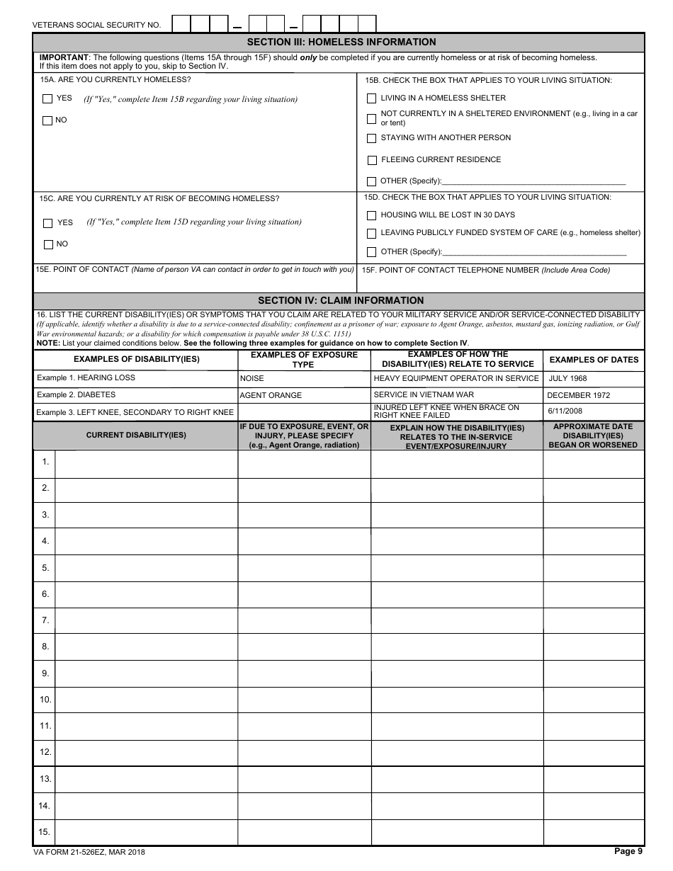 VA Form 21-526EZ Application for Disability Compensation and Related Compensation Benefits, Page 9