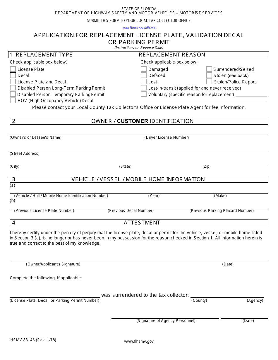 Form HSMV83146 Application for Replacement License Plate, Validation Decal or Parking Permit - Florida, Page 1