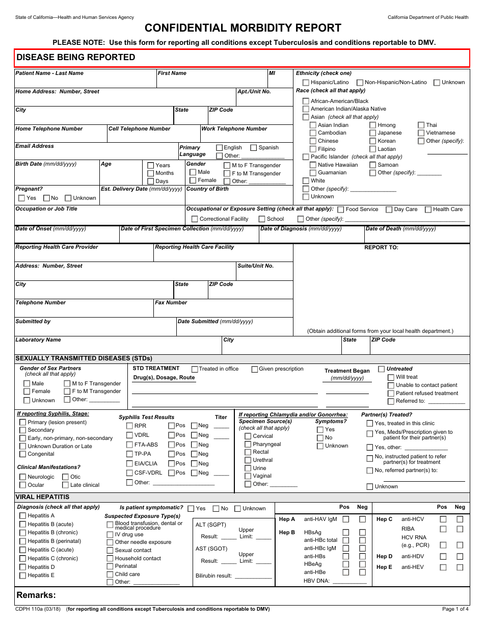 Form CDPH110a Confidential Morbidity Report - California, Page 1