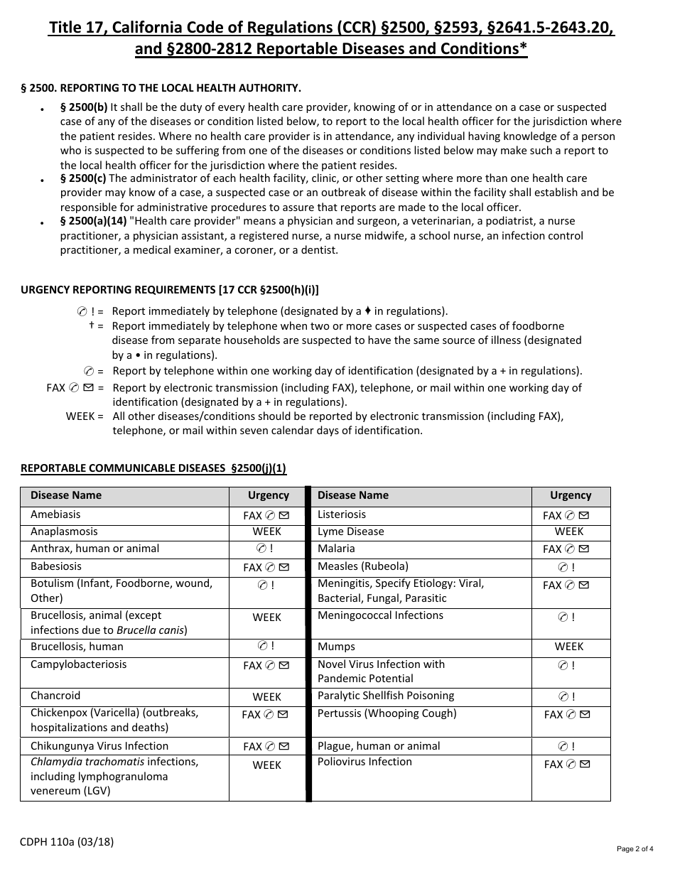 Form CDPH110a Confidential Morbidity Report - California, Page 2