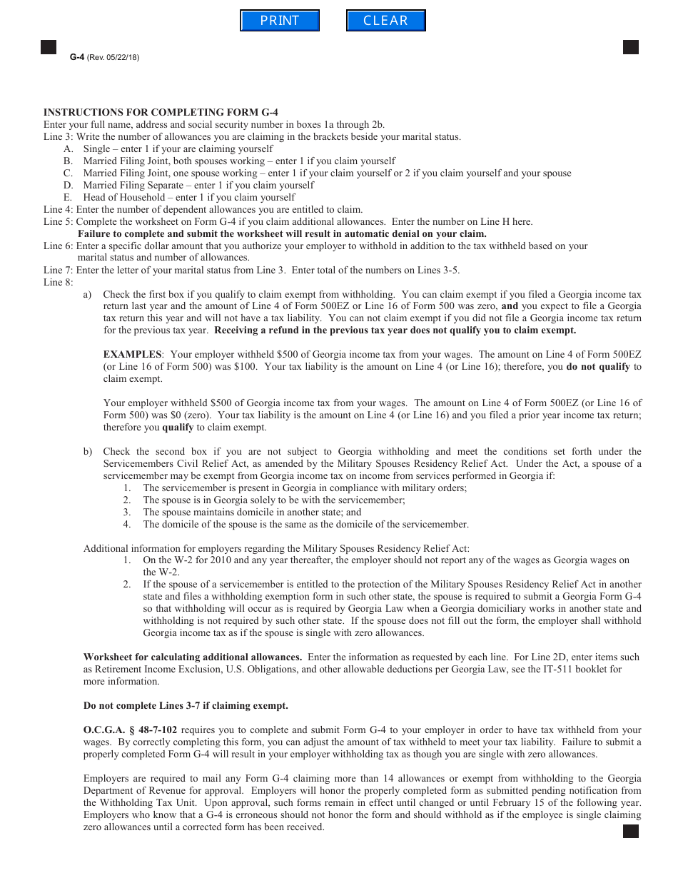 Form G-4 State of Georgia Employees Withholding Allowance Certificate - Georgia (United States), Page 2