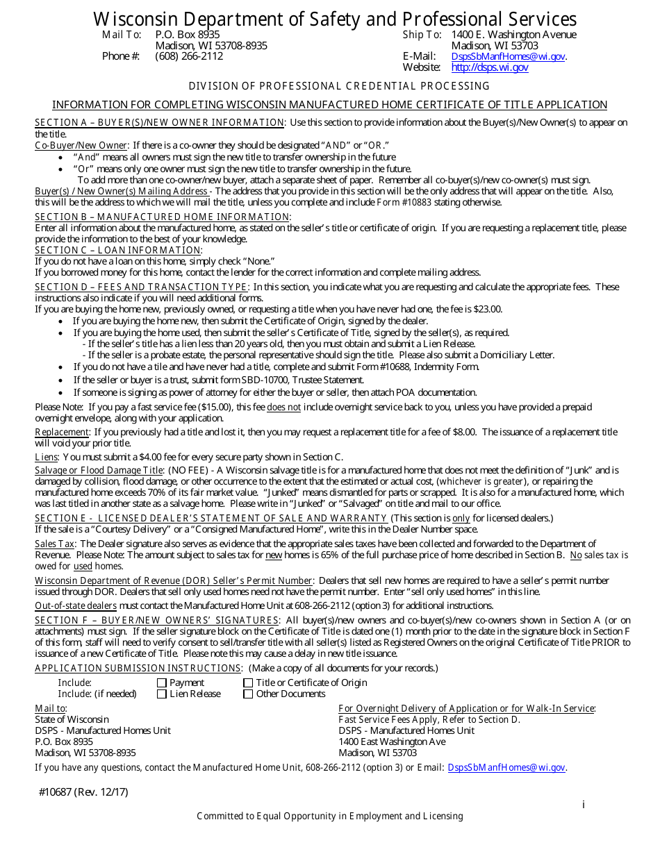Form 10687 Manufactured Home Certificate of Title Application - Wisconsin, Page 1