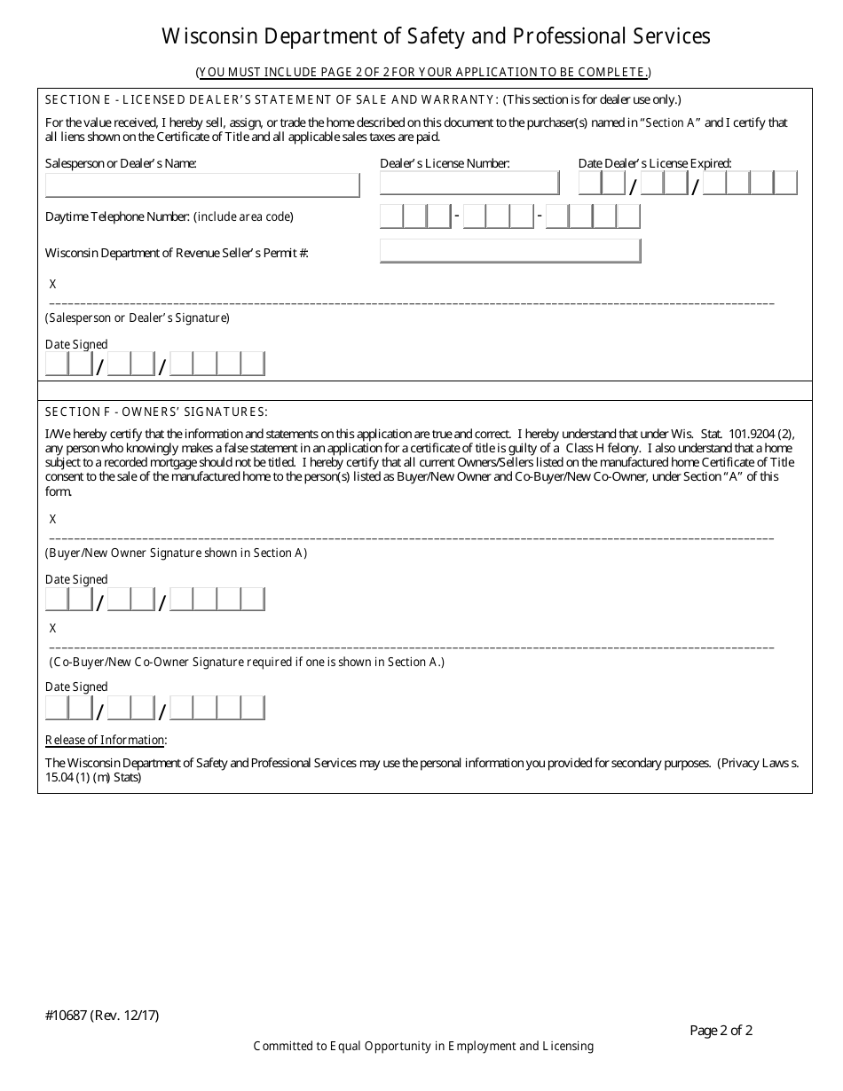 Form 10687 Manufactured Home Certificate of Title Application - Wisconsin, Page 3