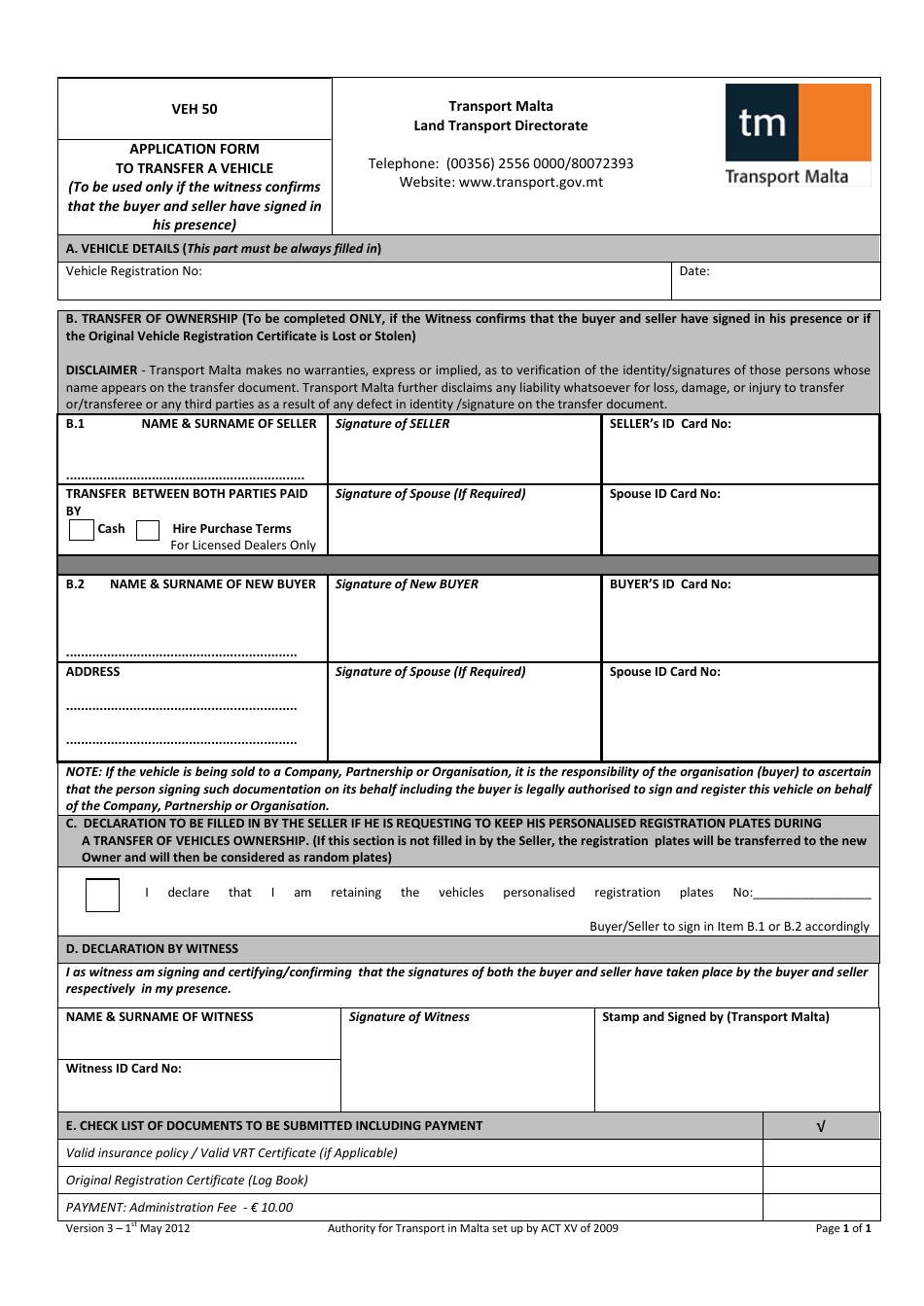 Form VEH50 Application Form to Transfer a Vehicle - Malta, Page 1