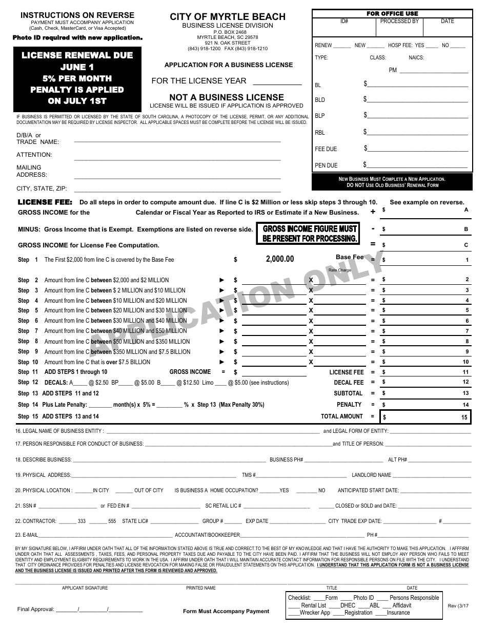 Application for a Business License - City of Myrtle Beach, South Carolina, Page 1