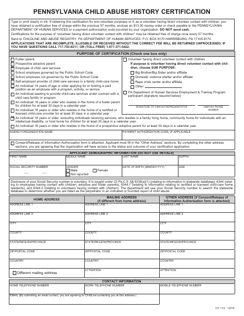 Form CY113 Pennsylvania Child Abuse History Certification - Pennsylvania