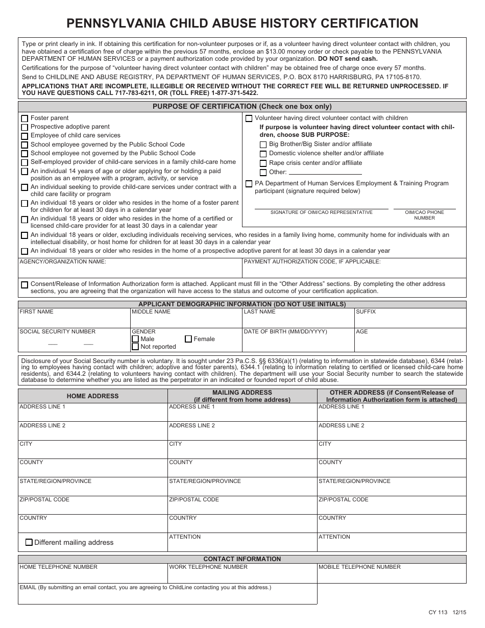Form CY113 Pennsylvania Child Abuse History Certification - Pennsylvania, Page 1