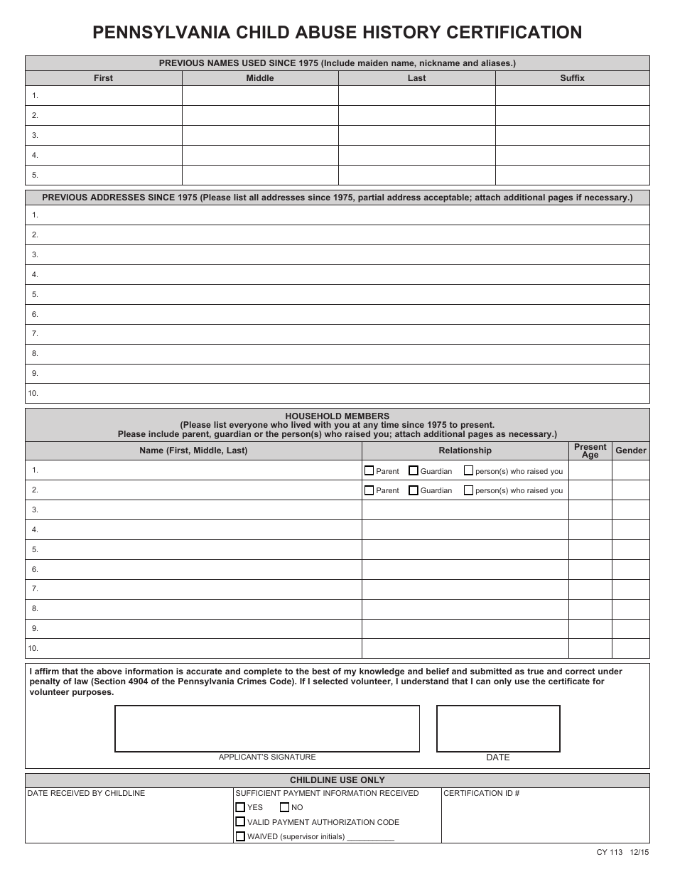 Form CY113 Pennsylvania Child Abuse History Certification - Pennsylvania, Page 2