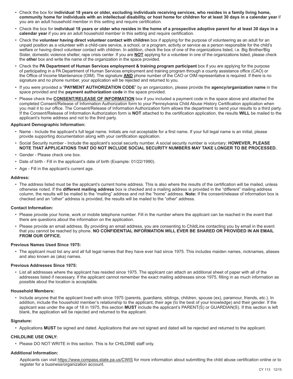 Form CY113 Pennsylvania Child Abuse History Certification - Pennsylvania, Page 4