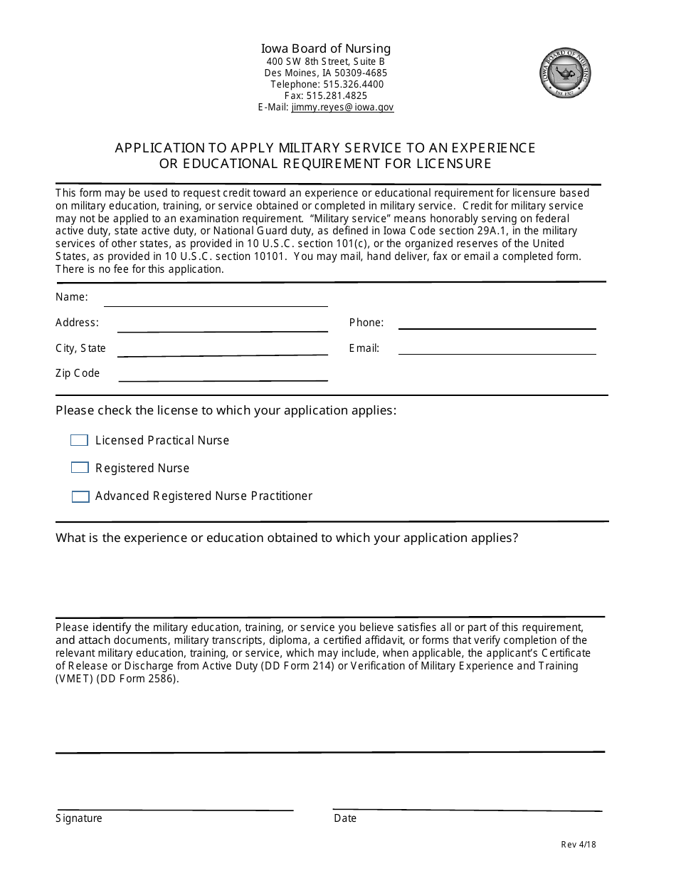 Iowa Application to Apply Military Service to an Experience or Educational Requirement for