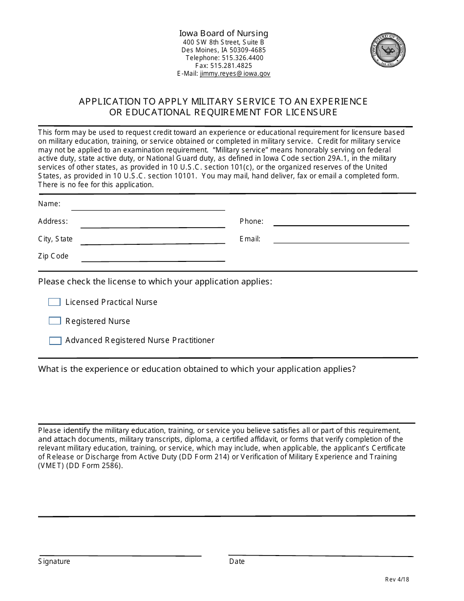 Application to Apply Military Service to an Experience or Educational Requirement for Licensure - Iowa, Page 1