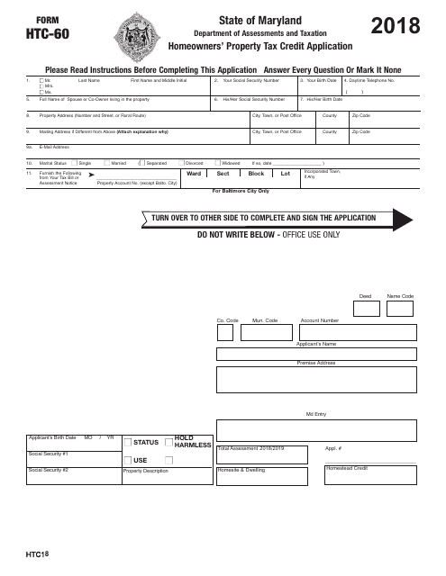 Form HTC 60 Download Printable PDF 2018 Homeowners Property Tax 