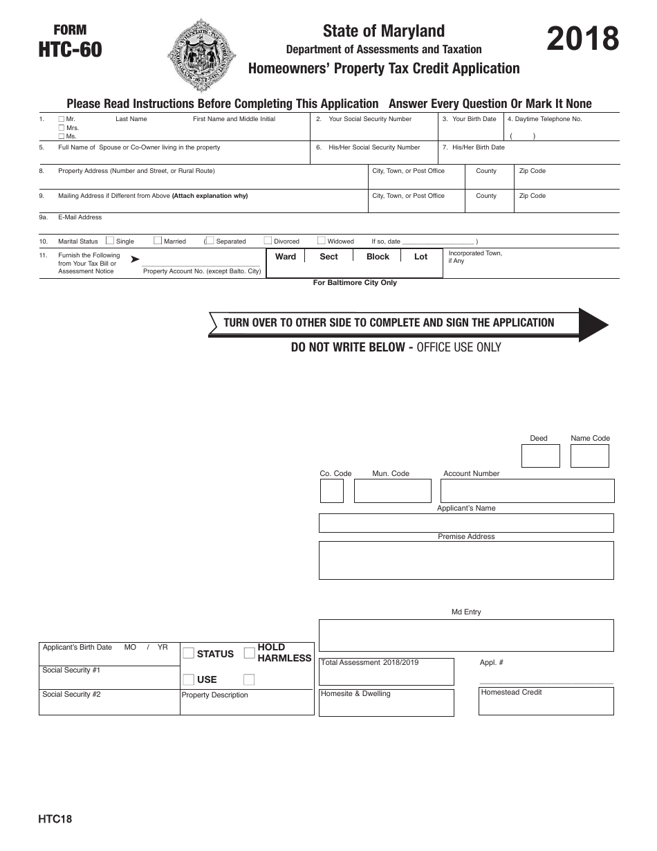Form HTC-60 Homeowners' Property Tax Credit Application - Maryland, Page 1