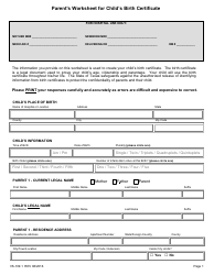 Form VS-109.1 Parent&#039;s Worksheet for Child&#039;s Birth Certificate - Texas