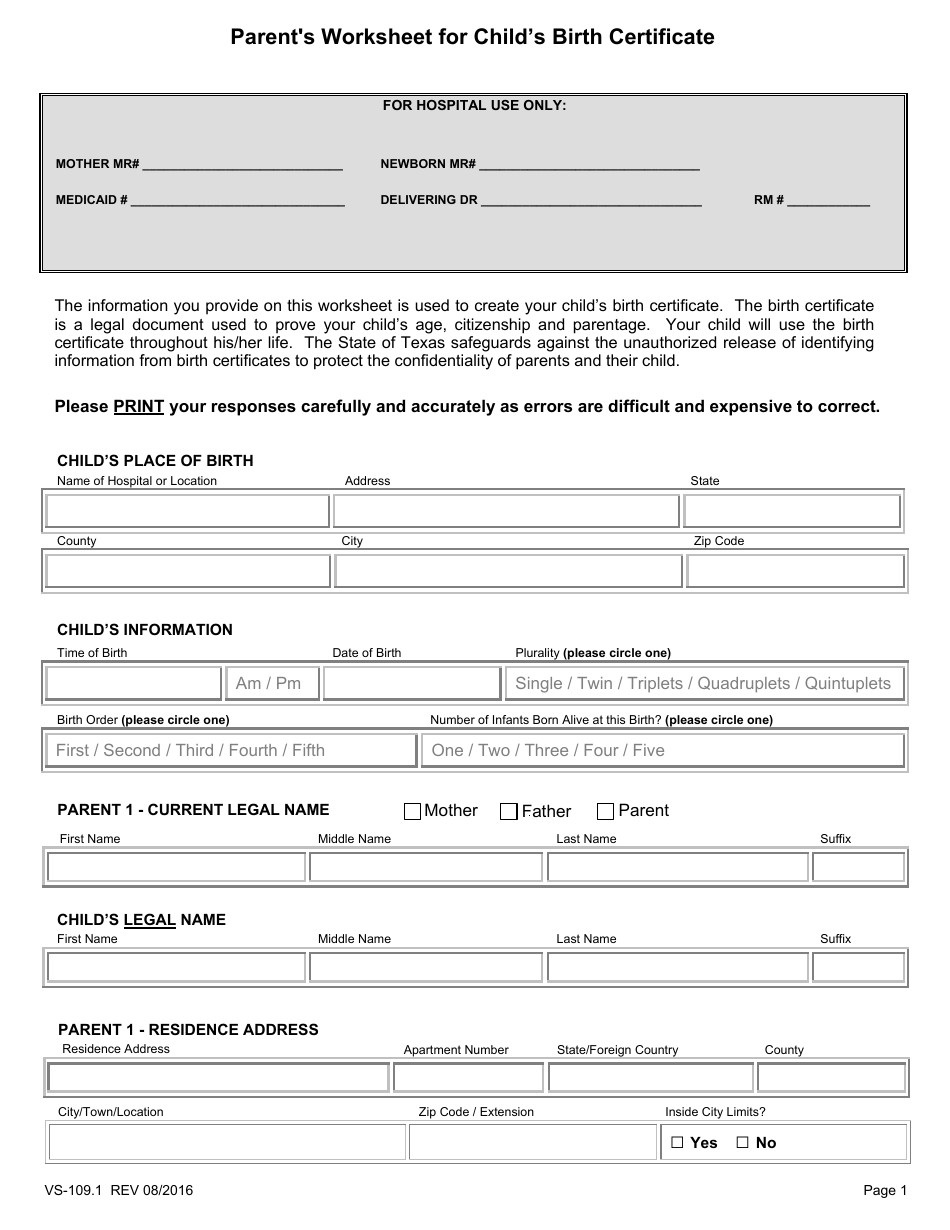 Form VS-109.1 Parents Worksheet for Childs Birth Certificate - Texas, Page 1