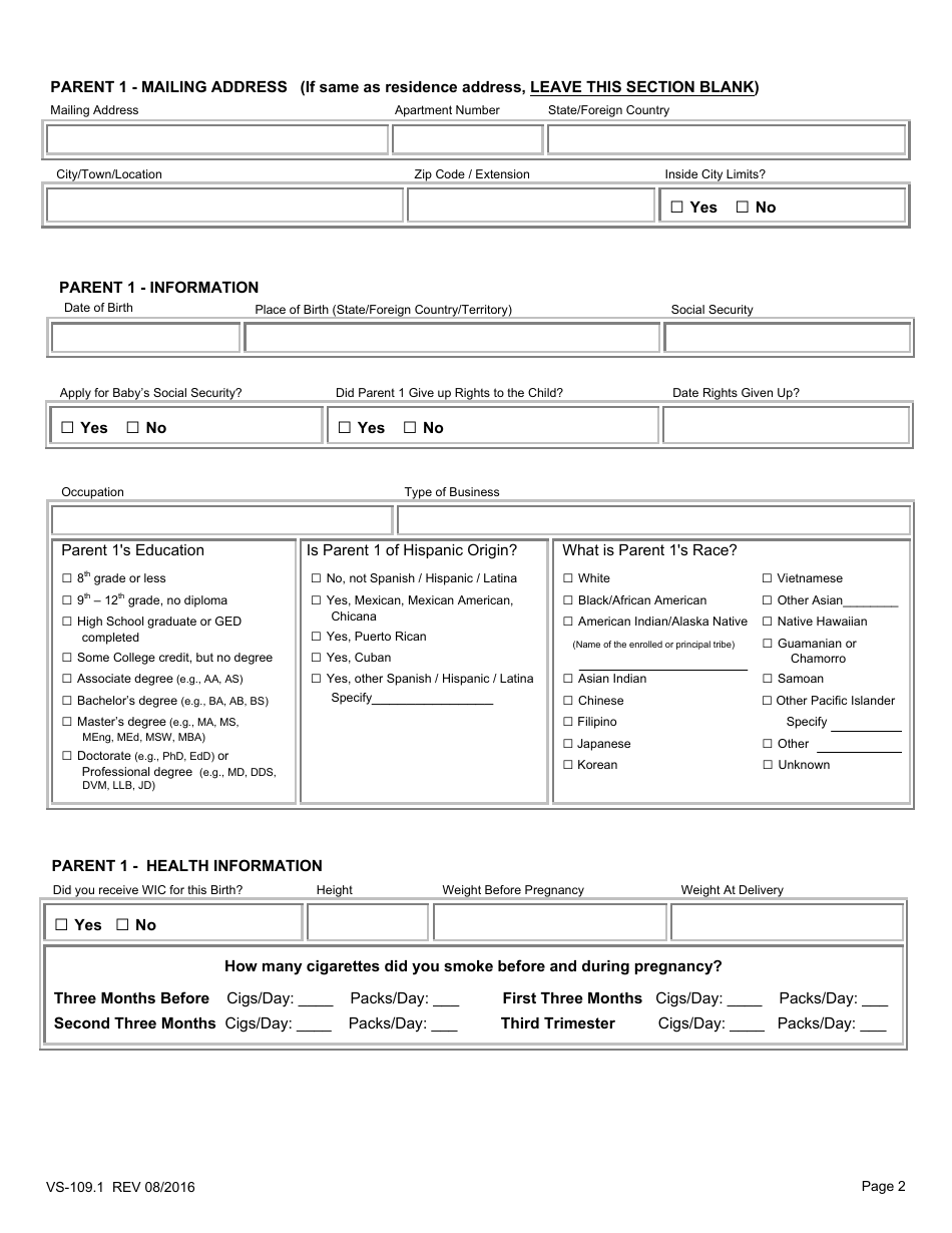 Form VS-109.1 Parents Worksheet for Childs Birth Certificate - Texas, Page 2