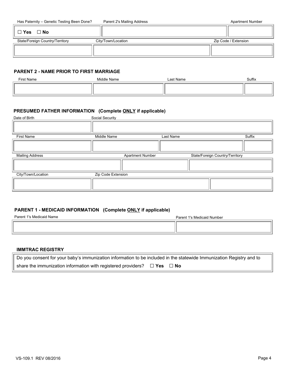 Form VS-109.1 Parents Worksheet for Childs Birth Certificate - Texas, Page 4
