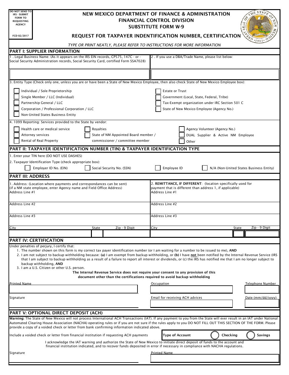 Form W-9 Request for Taxpayer Indentification Number, Certification - New Mexico, Page 1