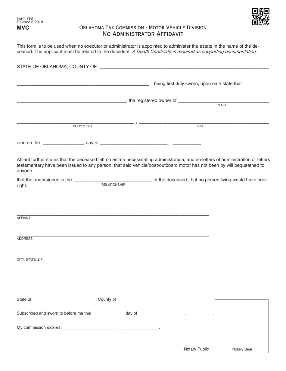 OTC Form 798 No Administrator Affidavit - Oklahoma, Page 1