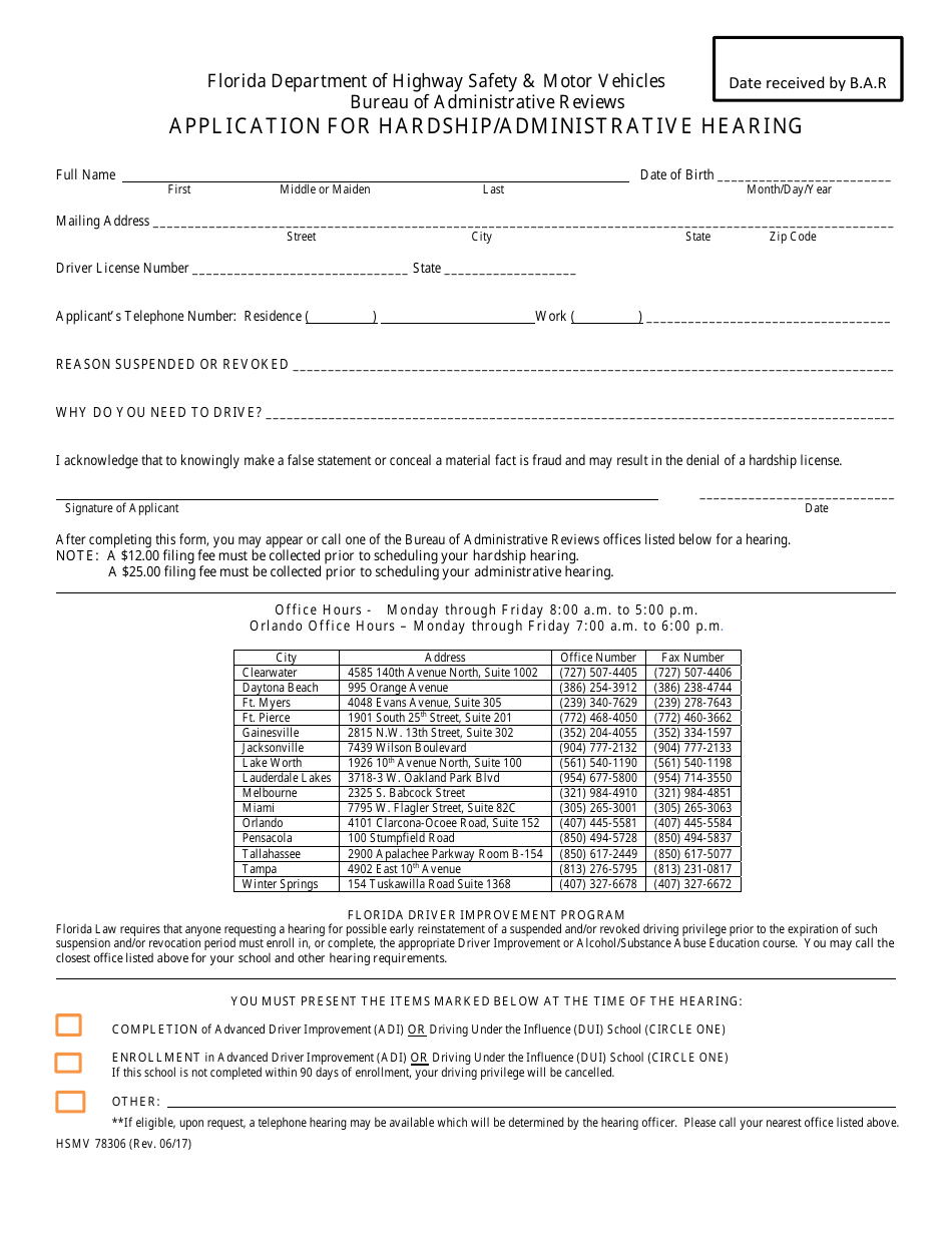 Form HSMV78306 Application for Hardship / Administrative Hearing - Florida, Page 1