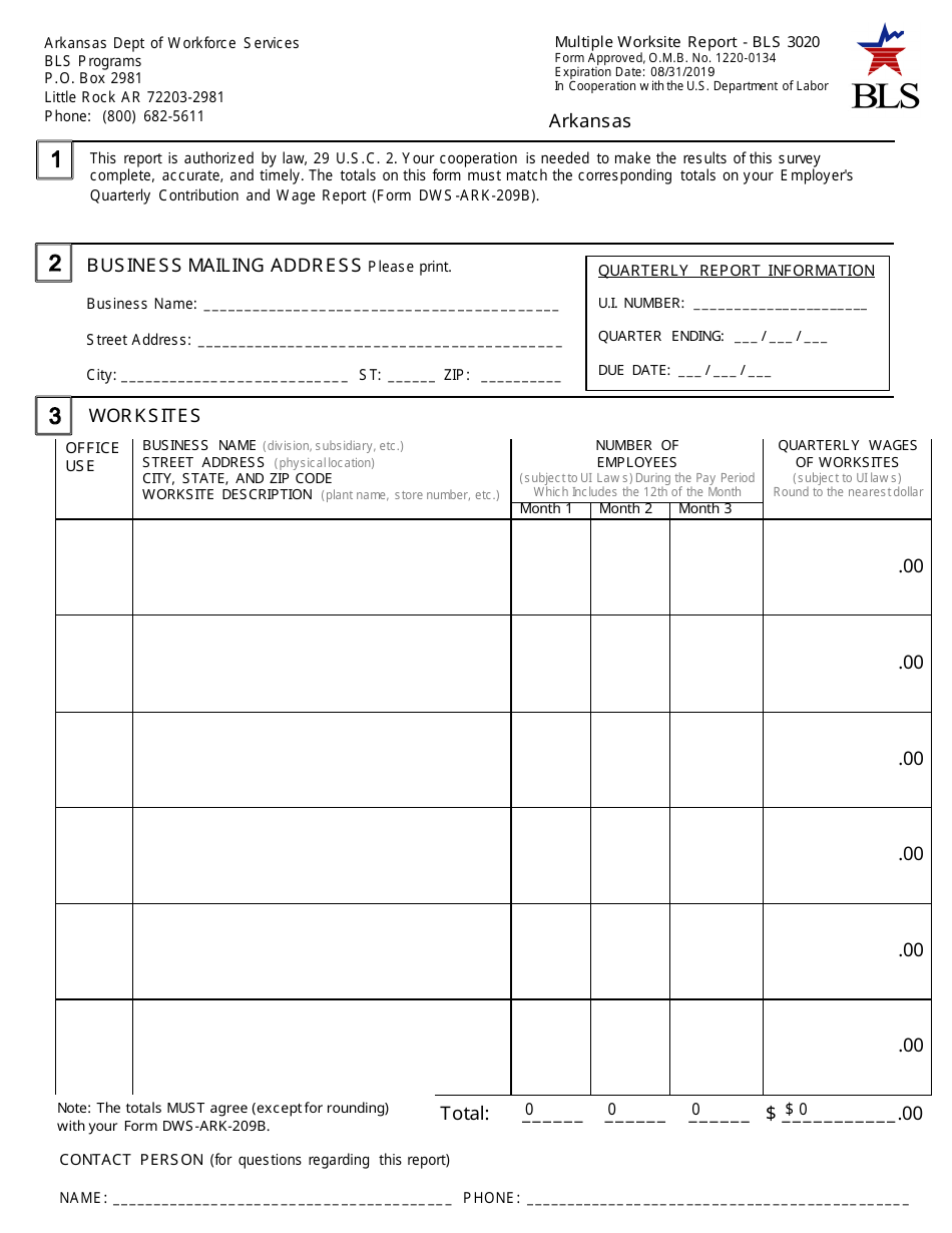 Form BLS3020 Multiple Worksite Report - Arkansas, Page 1