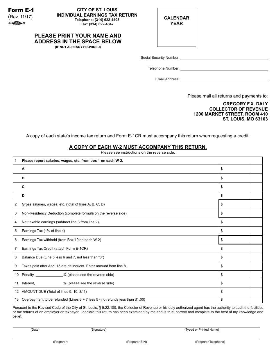 Form E-1 Individual Earnings Tax Return - City of St. Louis, Missouri, Page 1