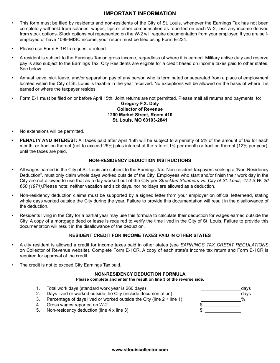 Form E-1 Individual Earnings Tax Return - City of St. Louis, Missouri, Page 2