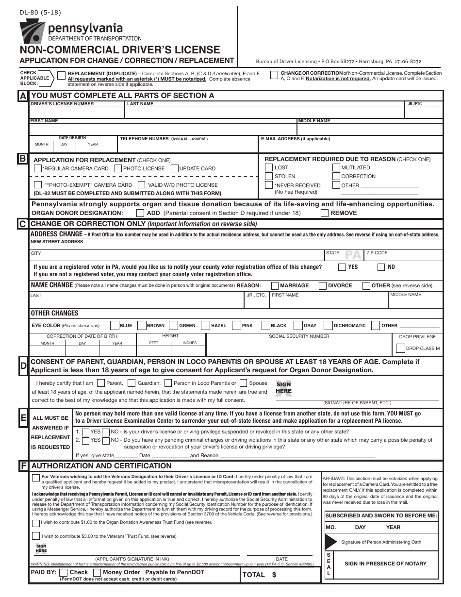 Form DL-80 Non-commercial Drivers License - Application for Change / Correction / Replacement - Pennsylvania, Page 1