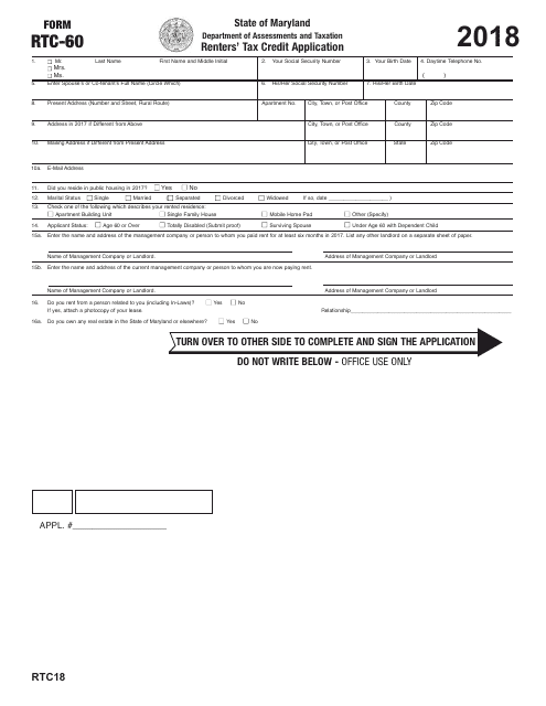Form RTC-60 Renters' Tax Credit Application - Maryland, 2018