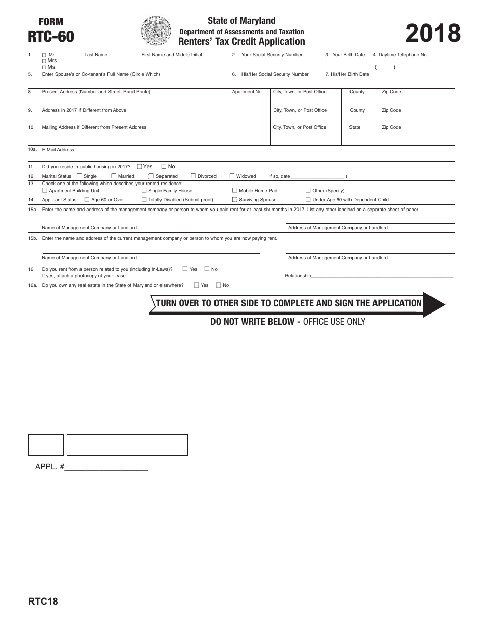 Form RTC-60 Renters Tax Credit Application - Maryland, Page 1