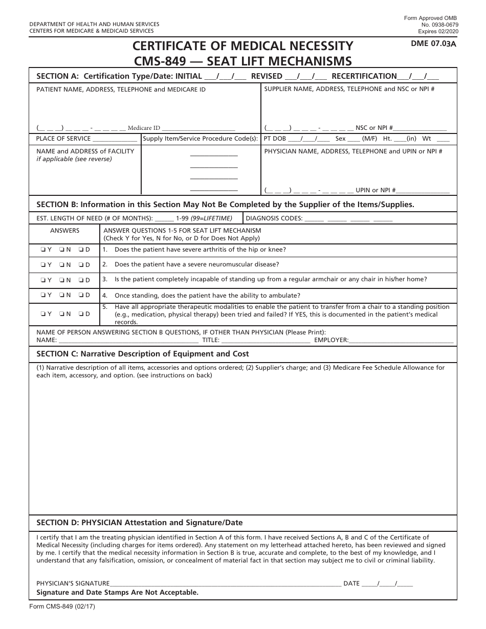 Form CMS-849 Certificate of Medical Necessity  Seat Lift Mechanisms, Page 1