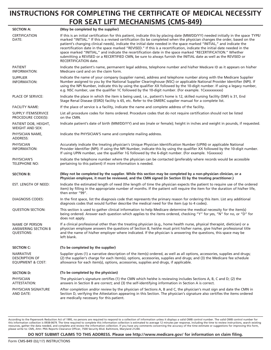 Form CMS-849 Certificate of Medical Necessity  Seat Lift Mechanisms, Page 2