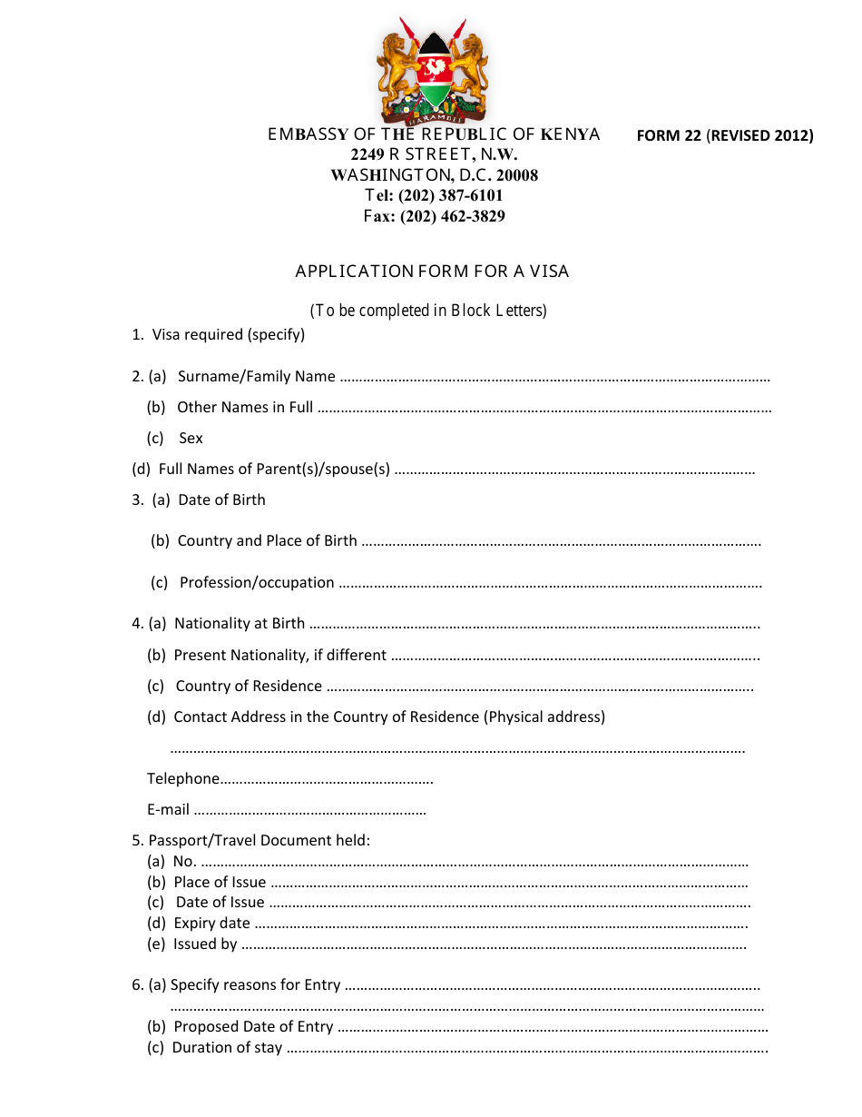 Form 22 Kenyan Visa Application Form - Embassy of the Republic of Kenya - Washington, D.C., Page 1