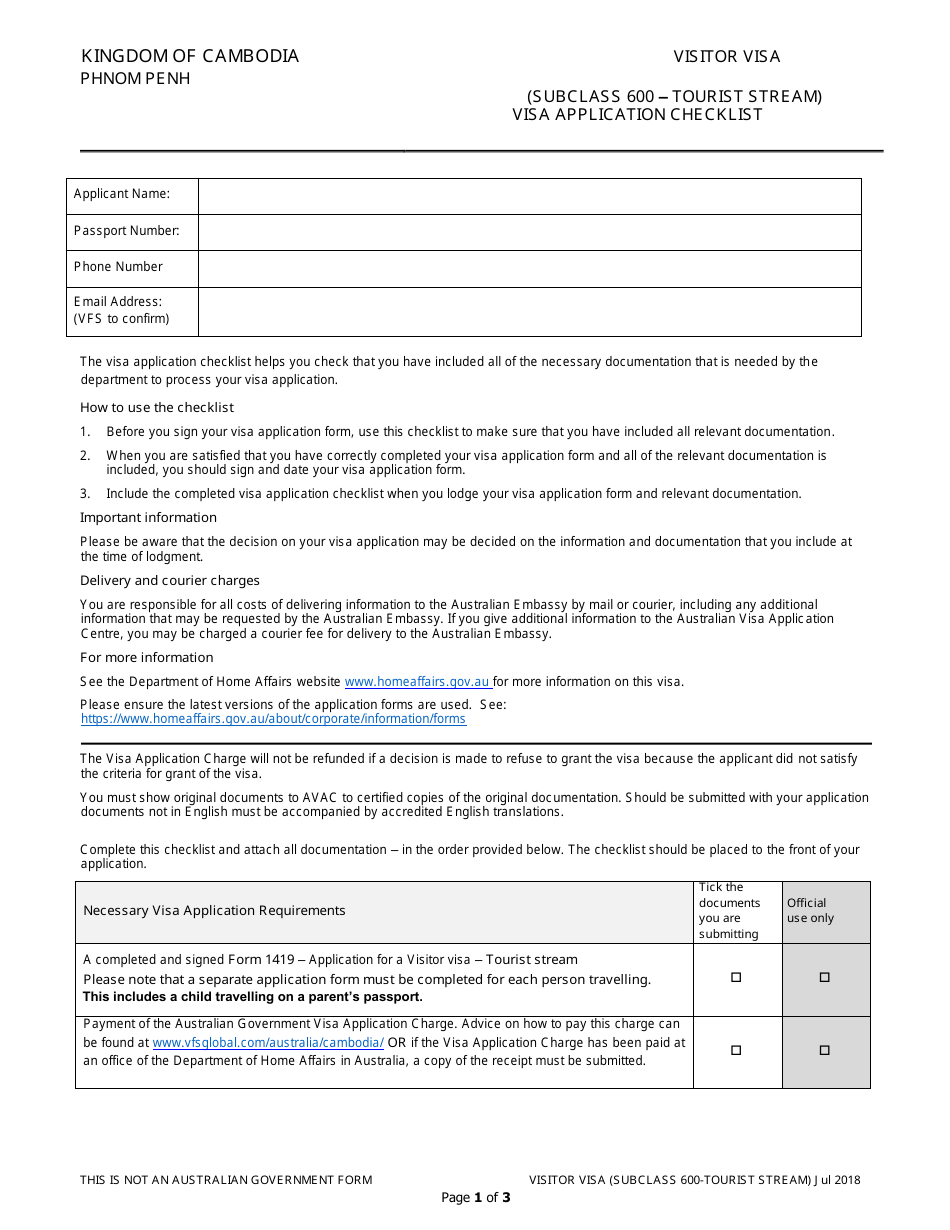Australian Visa Application Checklist - Australian Embassy - Phnom Penh, Cambodia, Page 1
