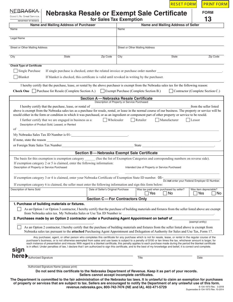 Form 13 Nebraska Resale or Exempt Sale Certificate for Sales Tax Exemption - Nebraska, Page 1