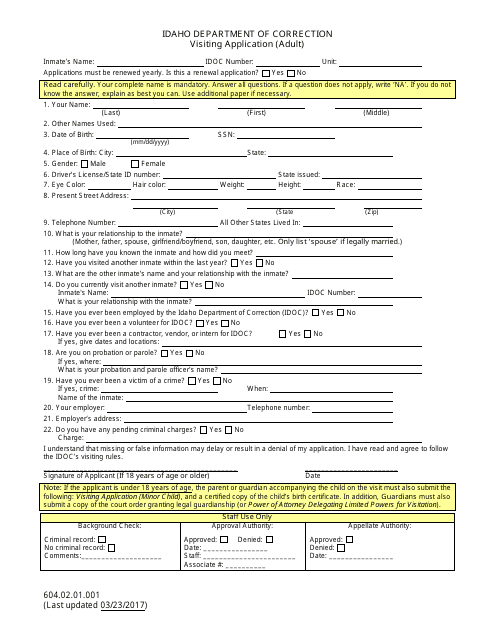 Form 604.02.01.001 Visiting Application (Adult) - Idaho