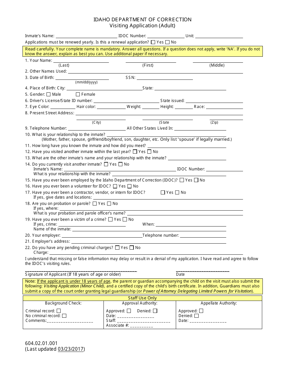 Form 604.02.01.001 Visiting Application (Adult) - Idaho, Page 1