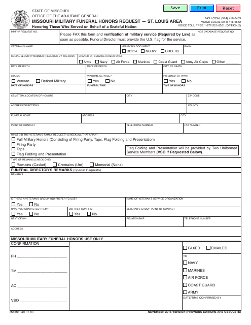 Form MO812-1228 Missouri Military Funeral Honors Request " St. Louis Area - Missouri
