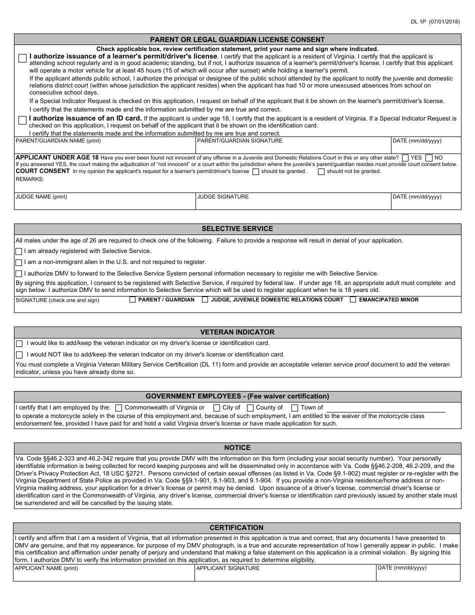 Form DL1P - Fill Out, Sign Online and Download Fillable PDF, Virginia ...