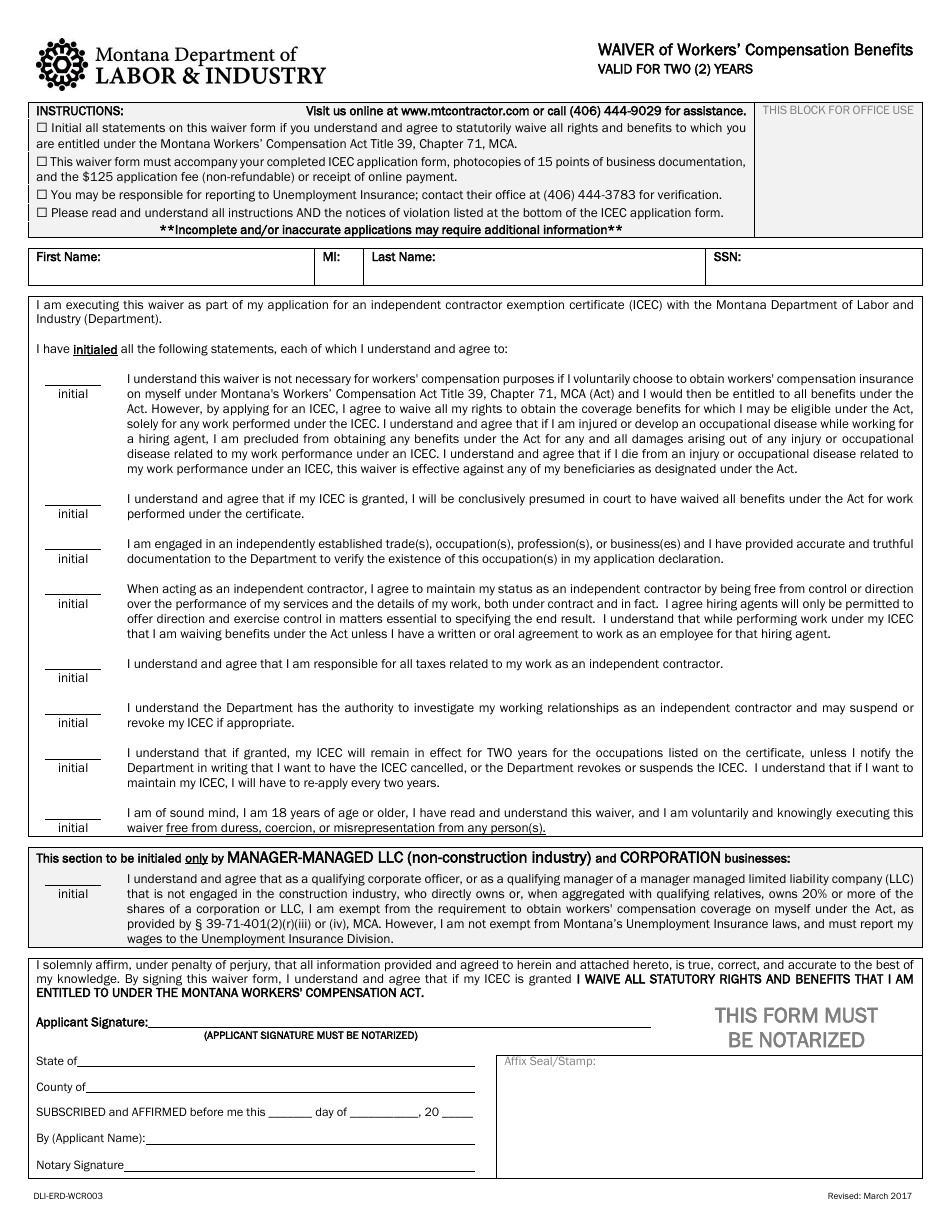 Form DLI-ERD-WCR003 Application for Independent Contractor Exemption Certificate - Montana, Page 2