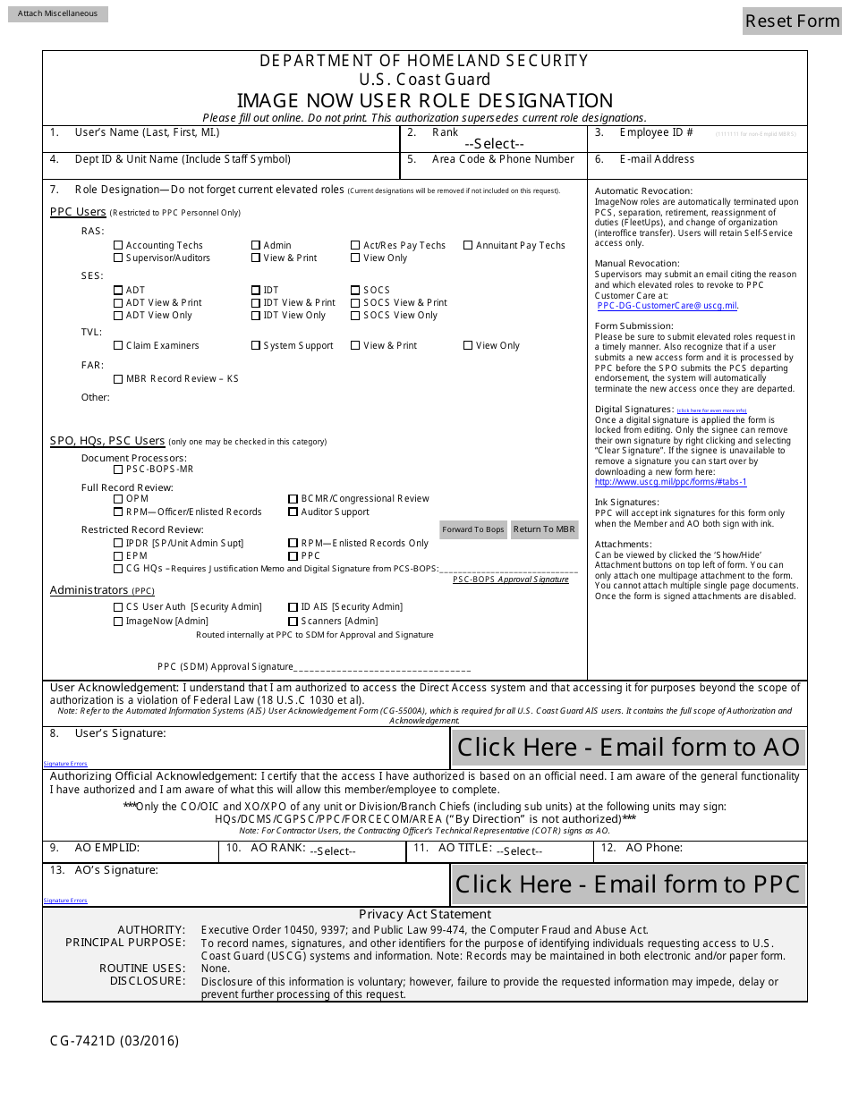 Form CG-7421D Image Now User Role Designation, Page 1