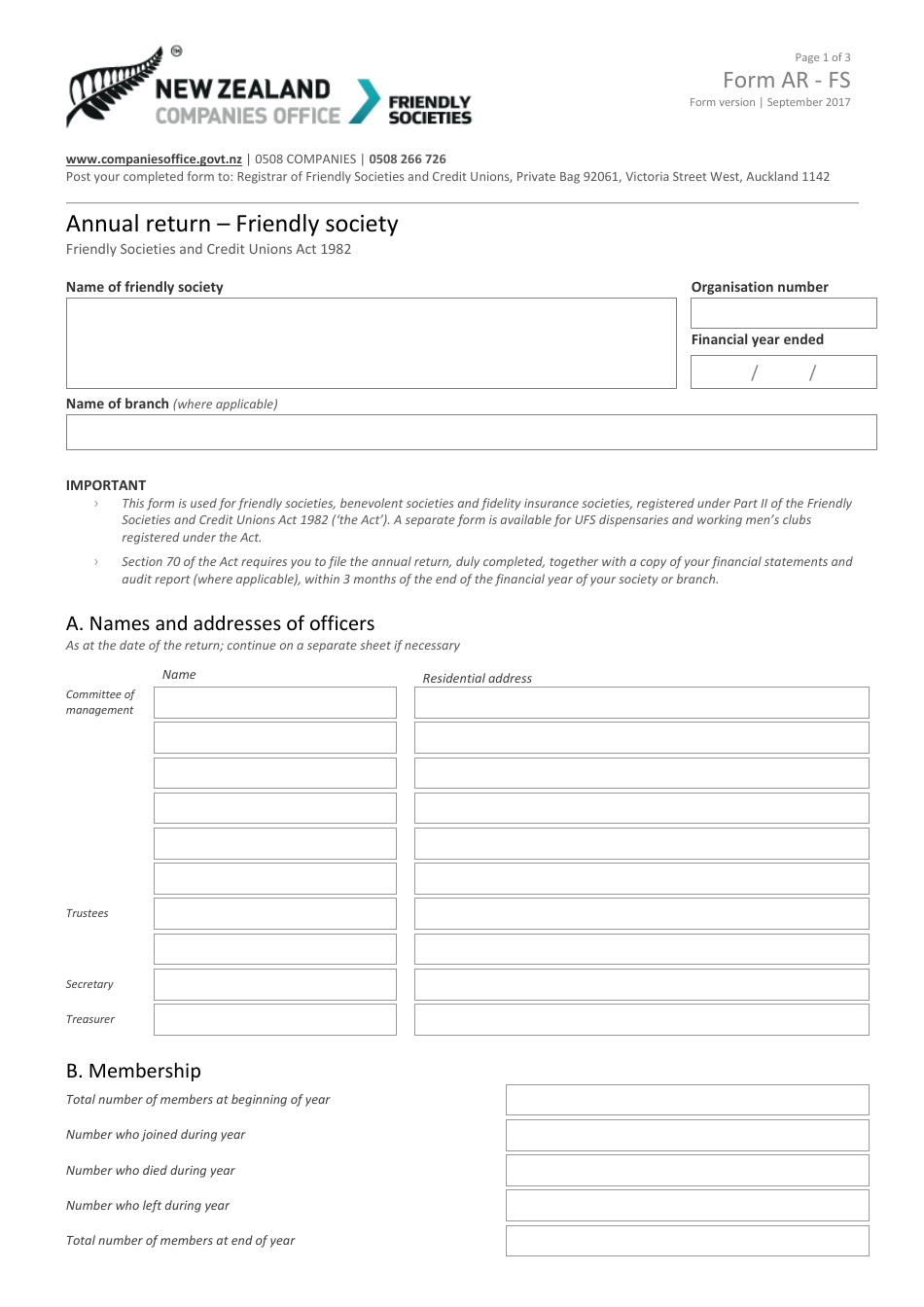 Form AR-FS Annual Return - Friendly Society - New Zealand, Page 1