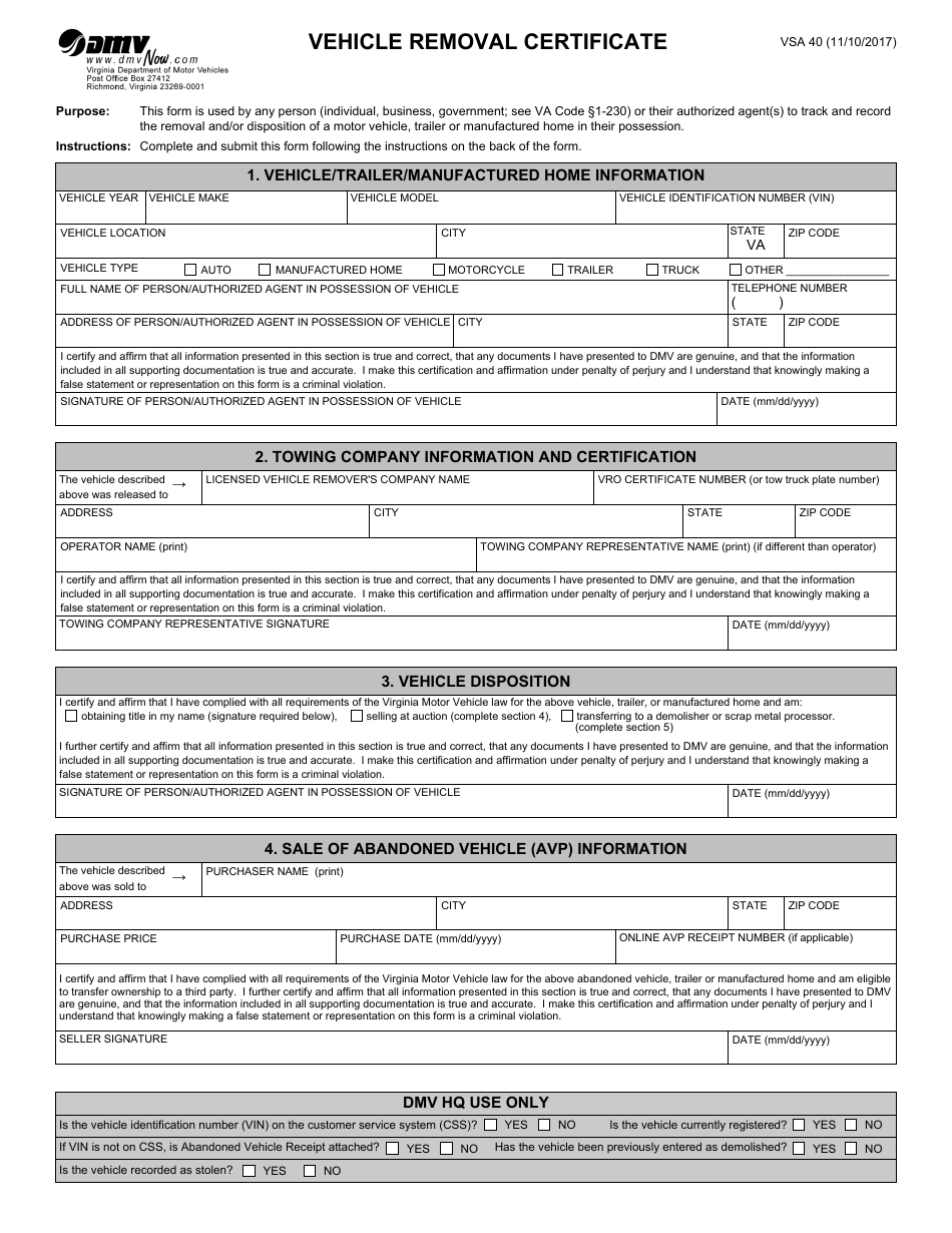Form VSA40 Vehicle Removal Certificate - Virginia, Page 1