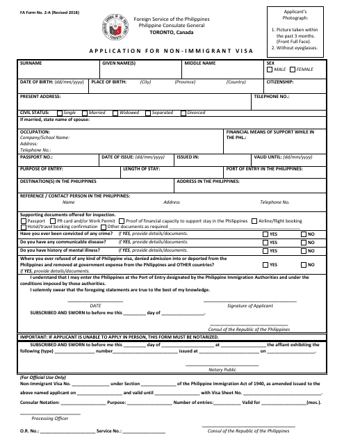 FA Form 2-A Application for Philippine Non-immigrant Visa - Philippine Consulate General - City of Toronto, Ontario, Canada