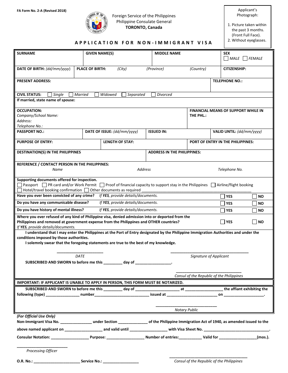 FA Form 2-A Application for Philippine Non-immigrant Visa - Philippine Consulate General - City of Toronto, Ontario, Canada, Page 1