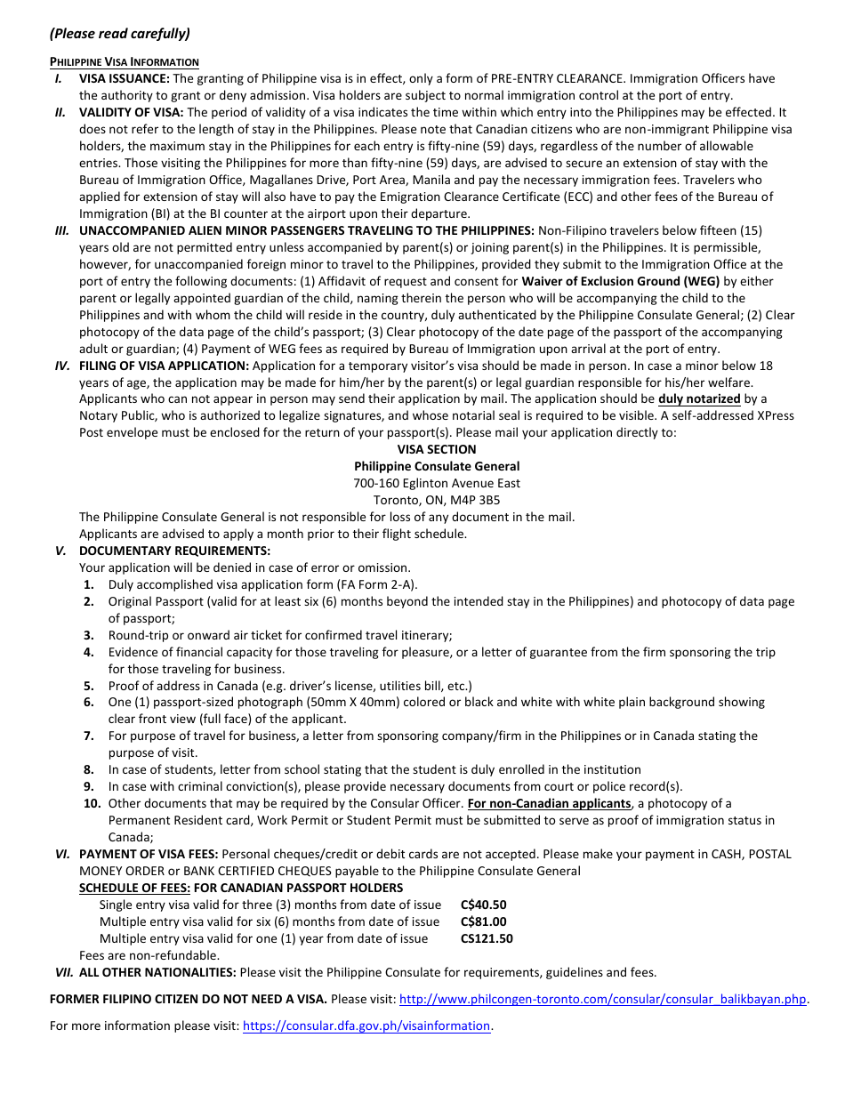 FA Form 2-A Application for Philippine Non-immigrant Visa - Philippine Consulate General - City of Toronto, Ontario, Canada, Page 2