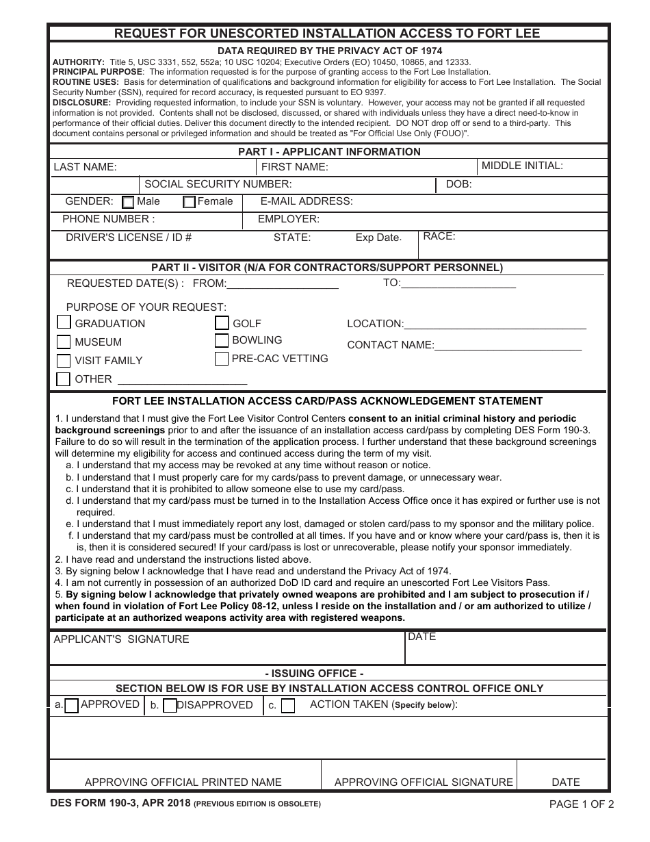 DES Form 190-3 Request for Unescorted Installation Access to Fort Lee, Page 1