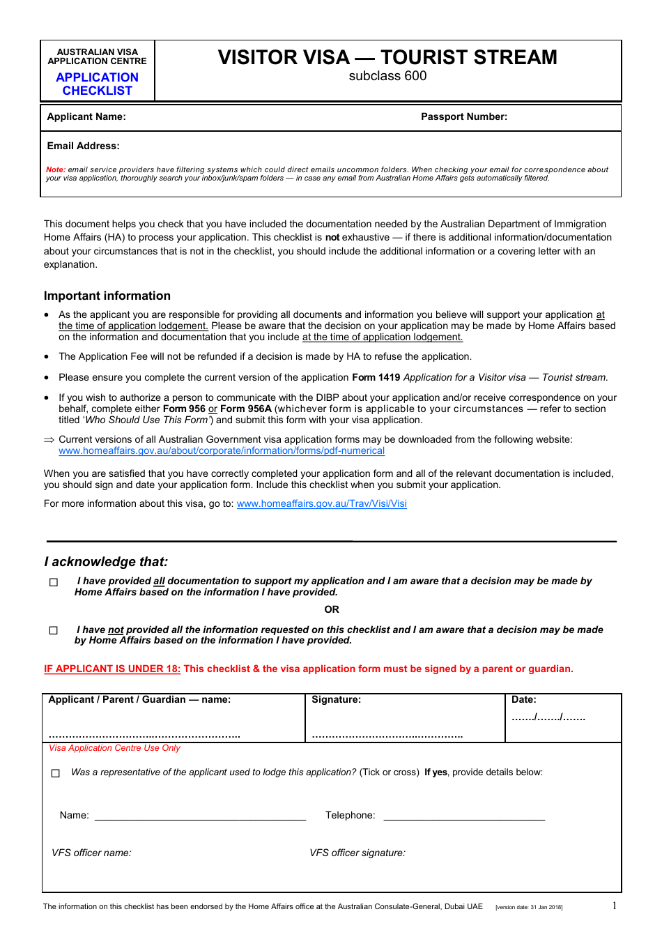 Australian Tourist Visa Application Checklist - Australian Visa Application Centre - Dubai, United Arab Emirates, Page 1