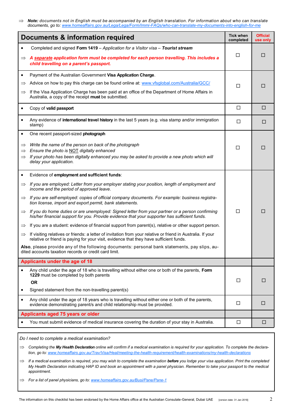 Australian Tourist Visa Application Checklist - Australian Visa Application Centre - Dubai, United Arab Emirates, Page 2