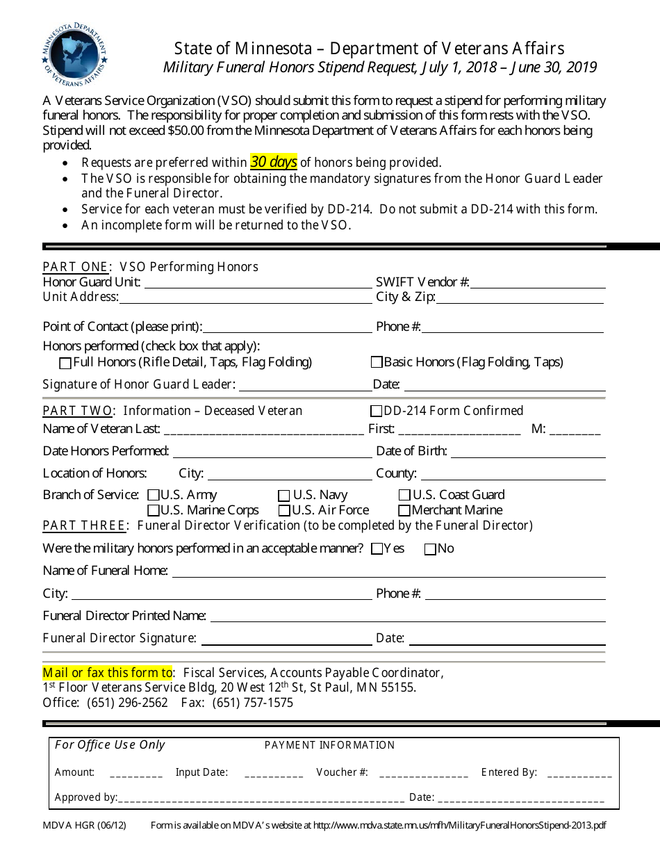 Form MVDA HGR Military Funeral Honors Stipend Request - Minnesota, Page 1